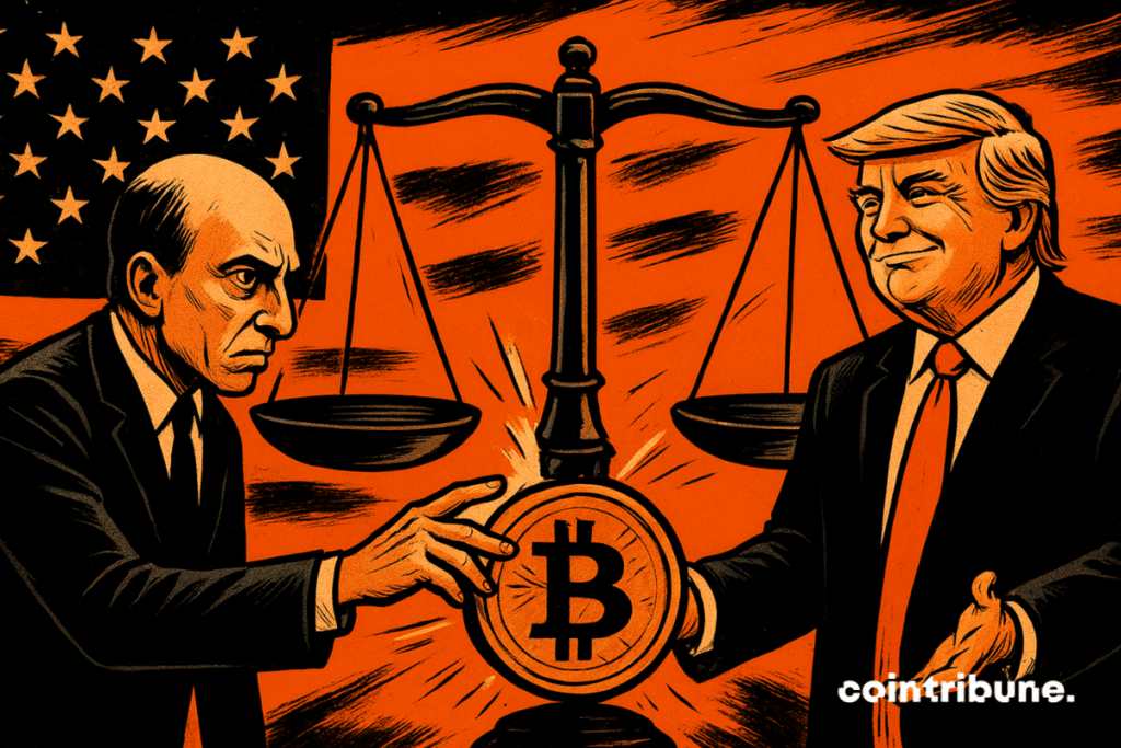 Comic-style illustration of Gary Gensler as Donald Trump smiles beside tipping justice scales holding Bitcoin and Ethereum, with an American flag in the background.