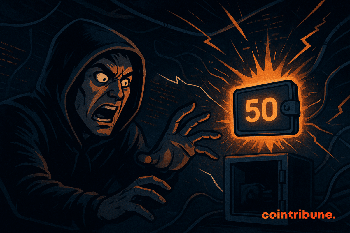 Un hacker furioso con una sudadera con capucha se acerca a una billetera digital brillante que muestra el número 50, con líneas similares a rayos crepitando a su alrededor.