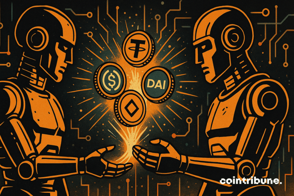 Dois robôs humanoides estão em uma postura de transação, cada um estendendo uma mão em direção ao outro. Entre suas mãos flutua um feixe de luz, no qual aparecem moedas estilizadas de stablecoins (USDT, USDC, DAI) que circulam como uma transferência de energia, simbolizando o novo protocolo de pagamento entre IAs do Google.