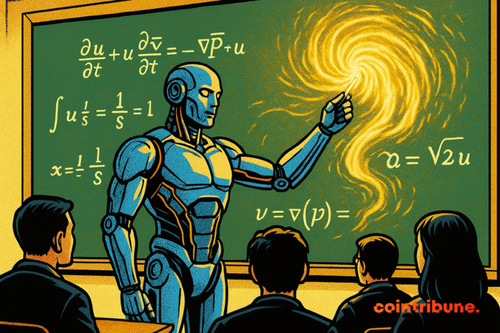 A robot teaches students, drawing a luminous vortex on a blackboard filled with equations, in a vibrant atmosphere.