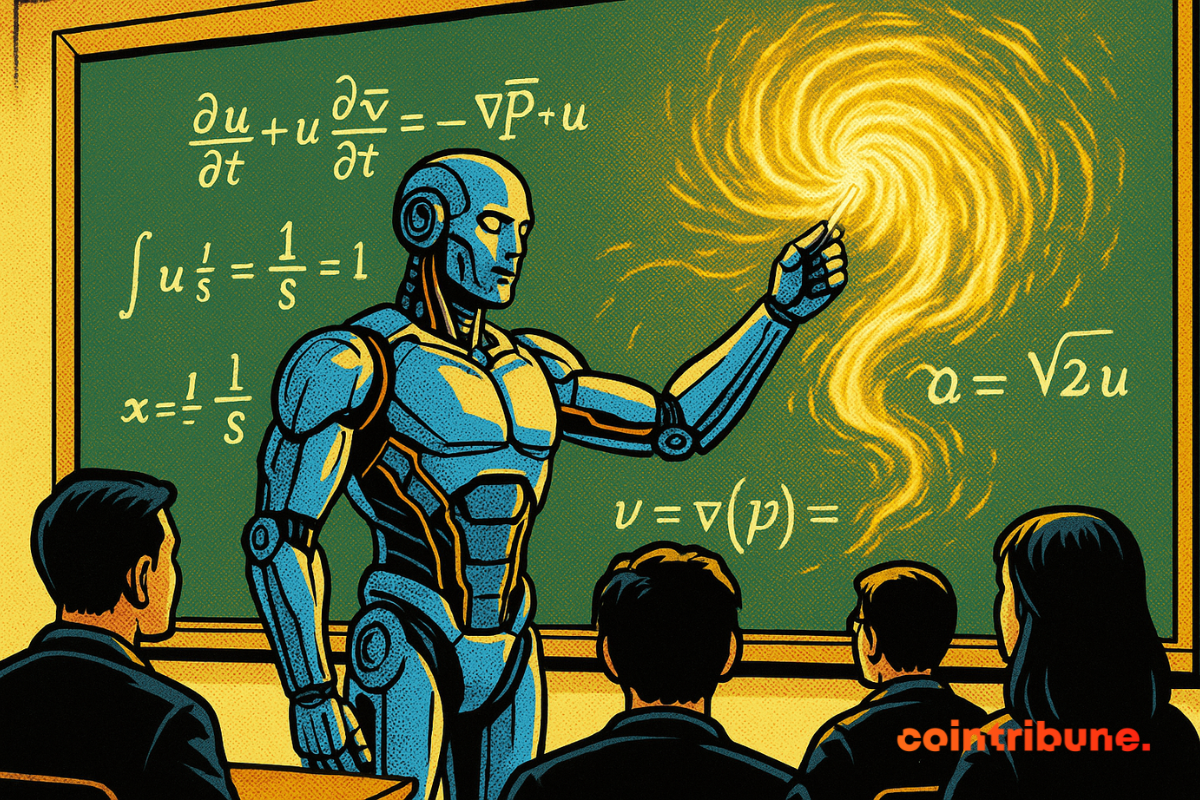 Un robot enseigne à des étudiants, dessinant un vortex lumineux sur un tableau rempli d'équations, dans une ambiance vibrante.