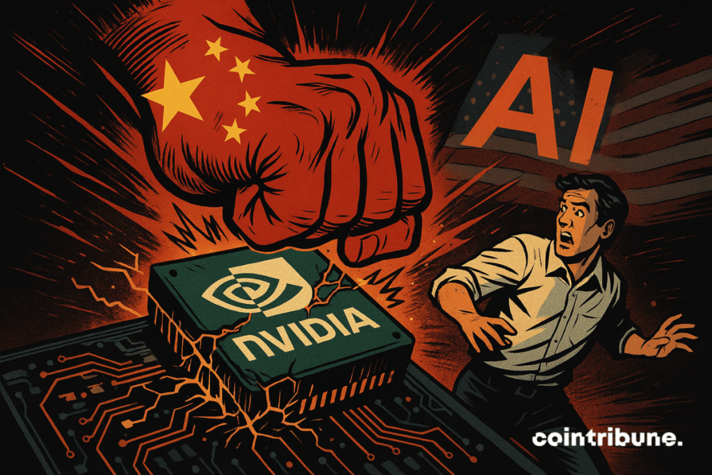 A giant red fist marked with the Chinese flag crashes down on a massive cracked Nvidia chip under the gaze of a panicked engineer. The AI chip lies on a server table, surrounded by sparks.