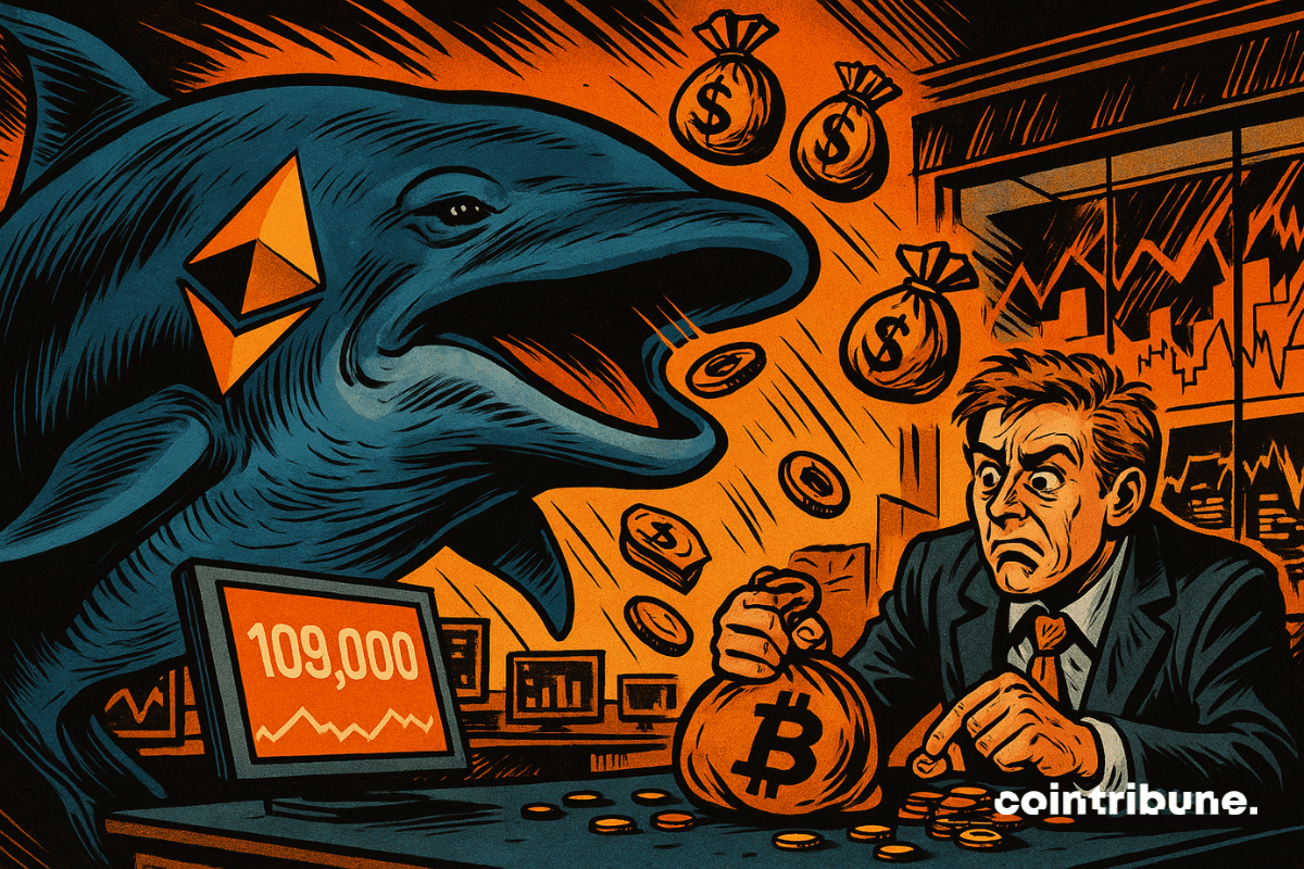 Une baleine Ethereum absorbe des sacs de fonds tandis que Bitcoin, petit et frustré, compte ses pièces sur un bureau.