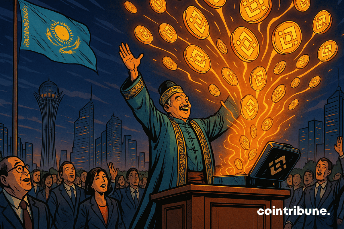 Le dirigeant kazakh lance des pièces BNB lumineuses dans le ciel lors d'une cérémonie publique de dévoilement de cryptomonnaie.