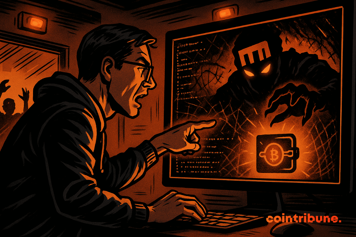 Le directeur technique de Ledger pointe du doigt un écran affichant une menace numérique basée sur NPM ciblant un portefeuille de cryptomonnaies.