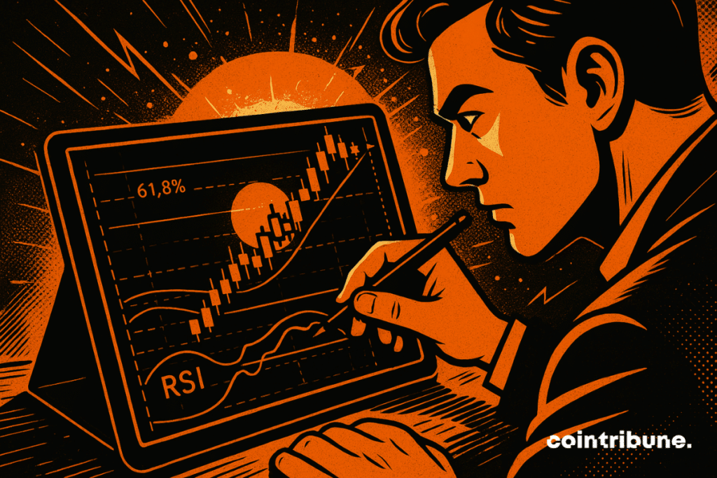 Plan plongeant sur un écran ou un bureau de trading sur lequel des tracés Fibonacci brillent en doré. Personnage central : Trader penché sur une tablette ou écran, entouré d’indicateurs. Posture : Concentré, tenant un stylet. Élément central : Le niveau 61.8% des Fibonacci, qui pulse d’une lumière orange/or intense.