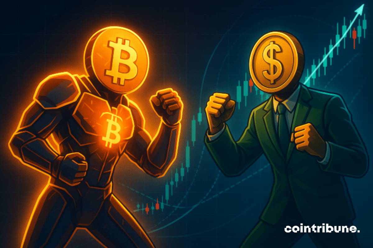 Salle sombre éclairée uniquement par plusieurs écrans de TradingView Personnage : Un jeune trader en hoodie, debout devant un graphique BTC/USD projeté en grand Posture : Concentré, bras croisés, regard fixe Élément central : Graphique BTC/USD avec RSI, MACD, Fibonacci visibles Effet visuel : Rayonnement orange autour du logo ₿, lignes de mouvement autour des chandeliers