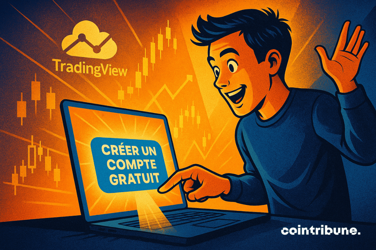 Gros plan sur la main du personnage cliquant sur un bouton lumineux “Créer un compte gratuit” Élément central : Bouton sur un fond flou de graphique TradingView Effets visuels : Flash lumineux ou rayonnement depuis le bouton, comme un portail