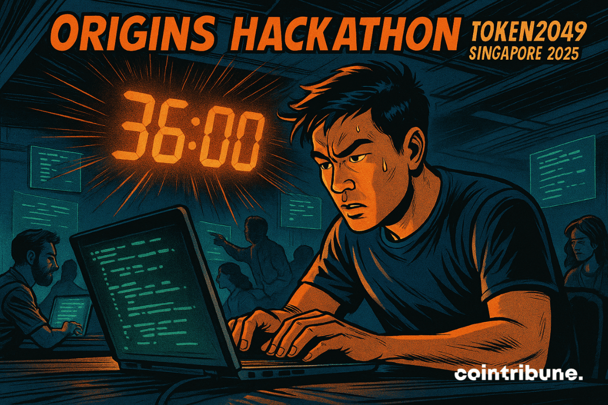 Salle de hackathon ultra-moderne, ambiance nocturne, éclairée par des écrans Personnage central : Développeur asiatique concentré, posture penchée sur un écran flottant Élément central : Un chrono géant affichant "36:00" au-dessus de sa tête, effet lumineux orange