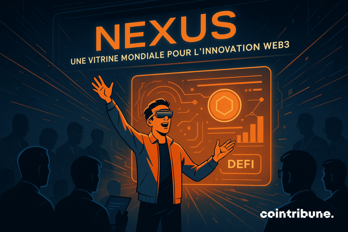 Plan large dans une salle futuriste, style arène techno ; lumière zénithale sur la scène centrale. Personnage central : Un jeune entrepreneur (veste orange, lunettes à réalité augmentée) est en pleine présentation, bras levé, devant un immense écran flottant (hologramme d’une application Web3). Élément central : Une interface crypto animée dans l’air, symbolisant le projet. Arrière-plan : Des investisseurs en silhouettes sombres, certains prennent des notes ou se penchent.
