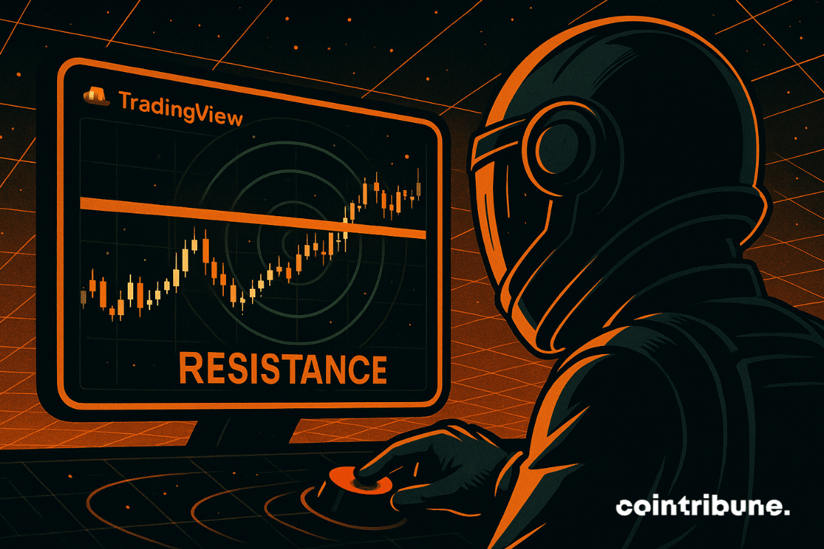 Écran TradingView stylisé comme un cockpit futuriste. Personnage central : Trader casqué, style pilote de chasse, fixant un radar avec niveaux S&R. Posture : Doigt sur un bouton rouge, prêt à entrer en position. Élément central : Niveau de résistance clignotant en orange sur un radar graphique.