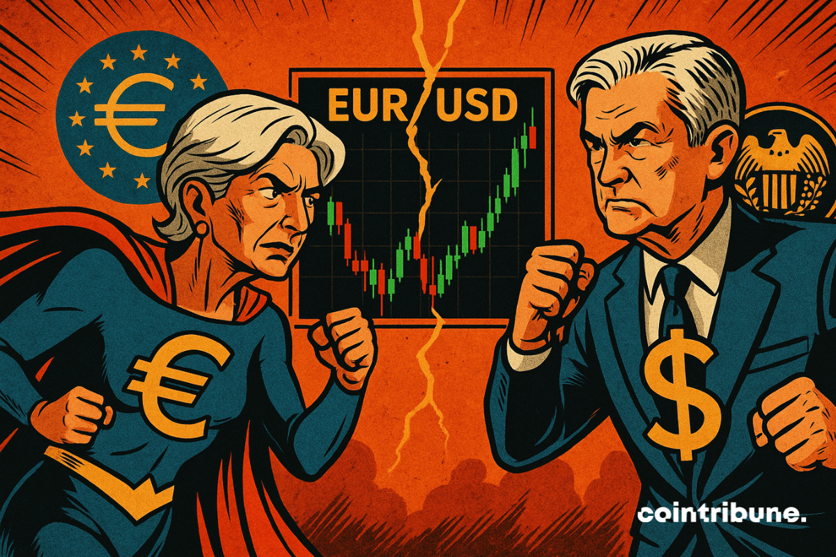 Style comics, champ de bataille stylisé comme une arène. Personnages : Deux figures stylisées en mode super-héros : Lagarde (armure avec symbole euro) Powell (costume bleu avec symbole dollar) Posture : Face-à-face tendu, prêt à l’impact Élément central : Au centre, un graphique EUR/USD comme terrain de combat