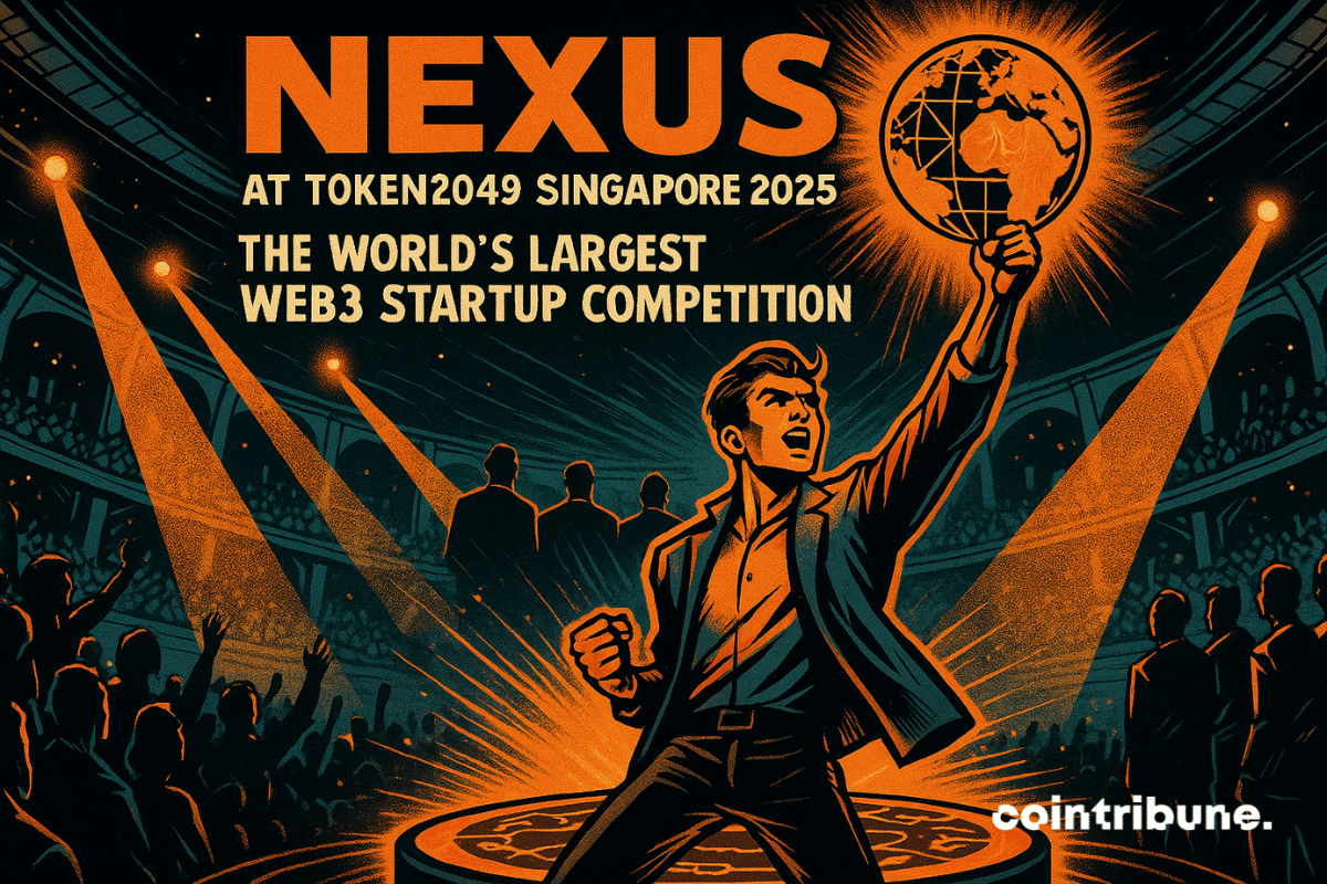 Low-angle shot of a futuristic arena inspired by Rome, but in digital form, with holograms. Central character: A young startup founder, wearing a modern jacket, standing on a luminous podium shaped like a digital token. Posture: Arms raised, holding a stylized globe formed of intertwined blockchains. Facial expression: Determination, pride. Central element: The bright orange Web3 globe nexus.