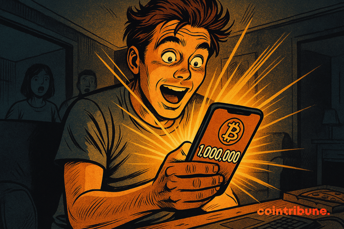 Un jeune homme découvre avec stupeur un million de dollars sur son téléphone, baigné d’une lumière orange éclatante.