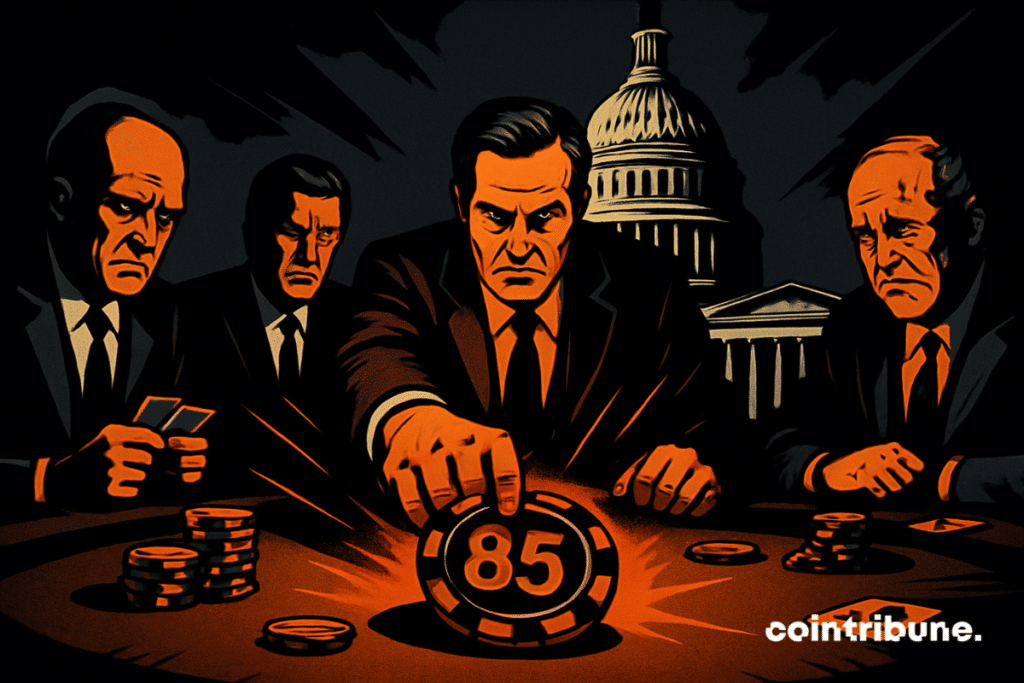 Four tense politicians play poker in front of the U.S. Capitol, as one slams down an orange chip marked “85,” symbolizing Polymarket and Kalshi’s high shutdown odds.