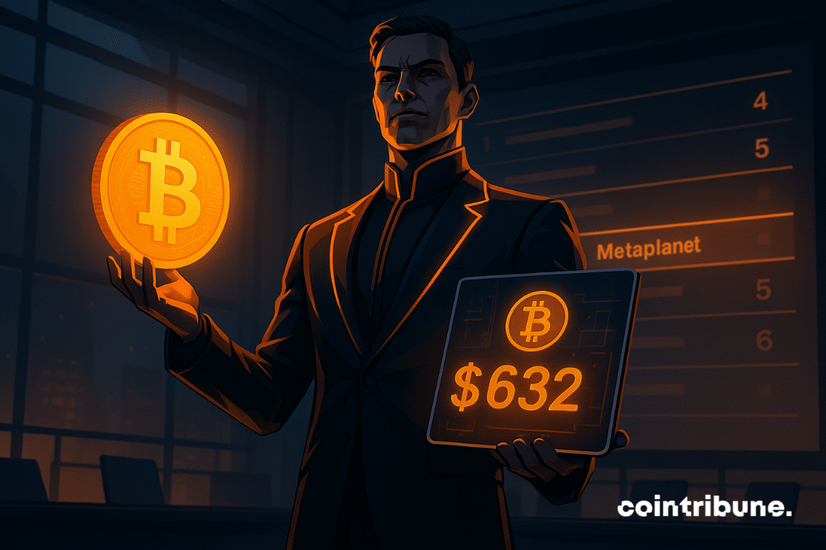 Futuristic businessman holding glowing Bitcoin and a 2M tablet in a high-tech boardroom.
