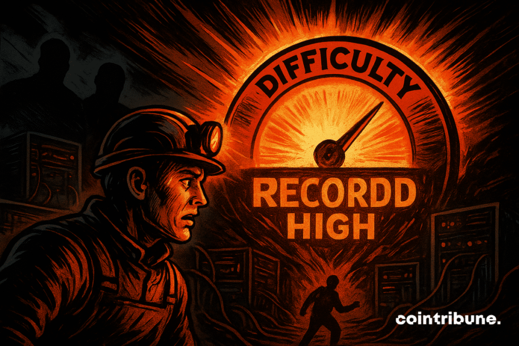 A worried Bitcoin miner in a helmet faces a glowing gauge marked “difficulty” at its maximum, surrounded by mining rigs and looming dark silhouettes.