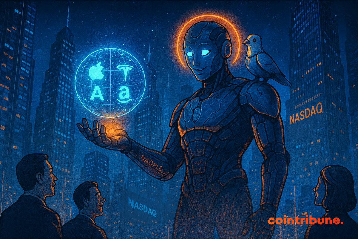 Un robot humanoide brillante sostiene un globo holográfico con los logotipos de Apple, Tesla y otras empresas, frente a rascacielos del Nasdaq.