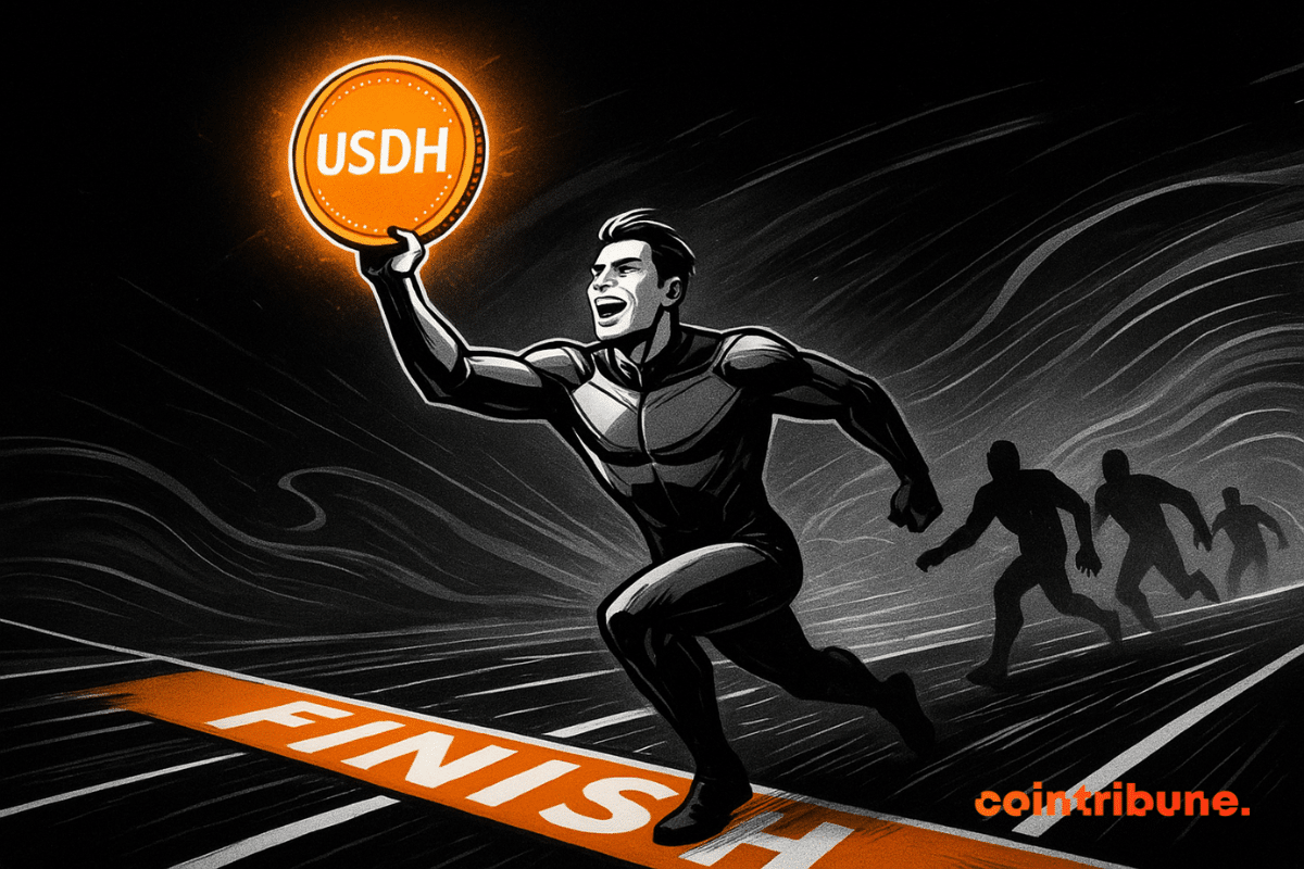 A comic-style hero in a futuristic suit crosses a glowing orange finish line while holding a radiant USDH coin, with shadowy rivals trailing behind.