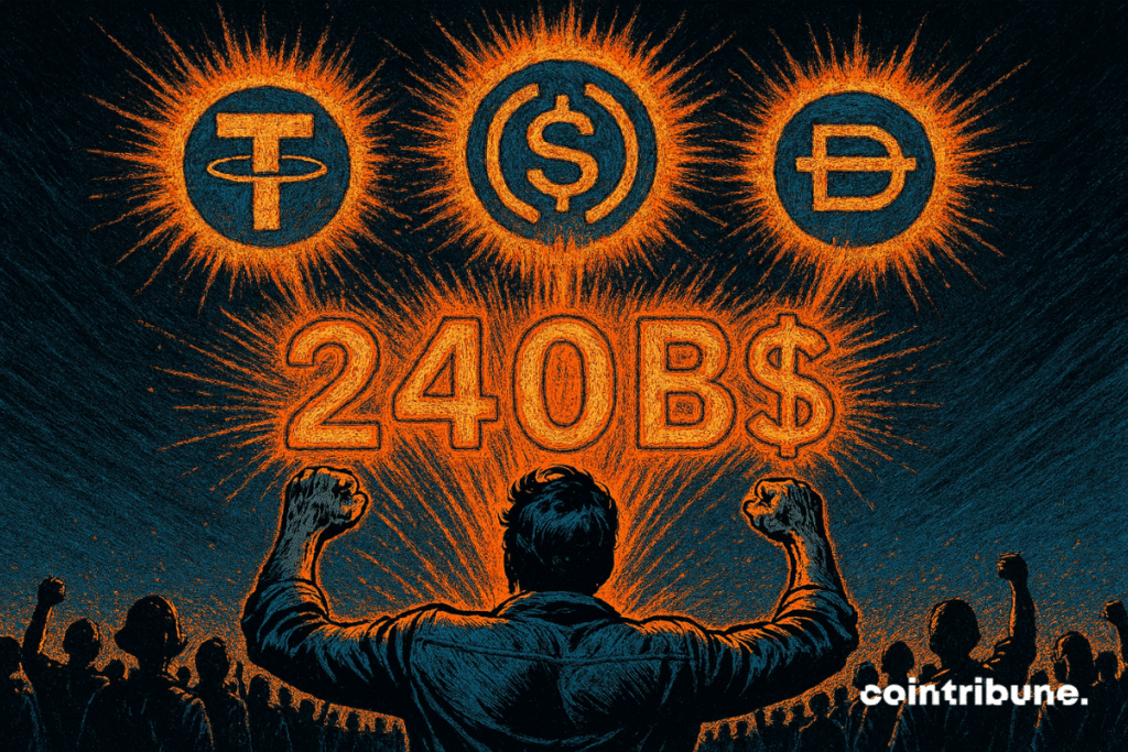 Un homme célèbre une explosion céleste de stablecoins, illuminée par "240B", sous les regards émerveillés d'une foule nocturne.