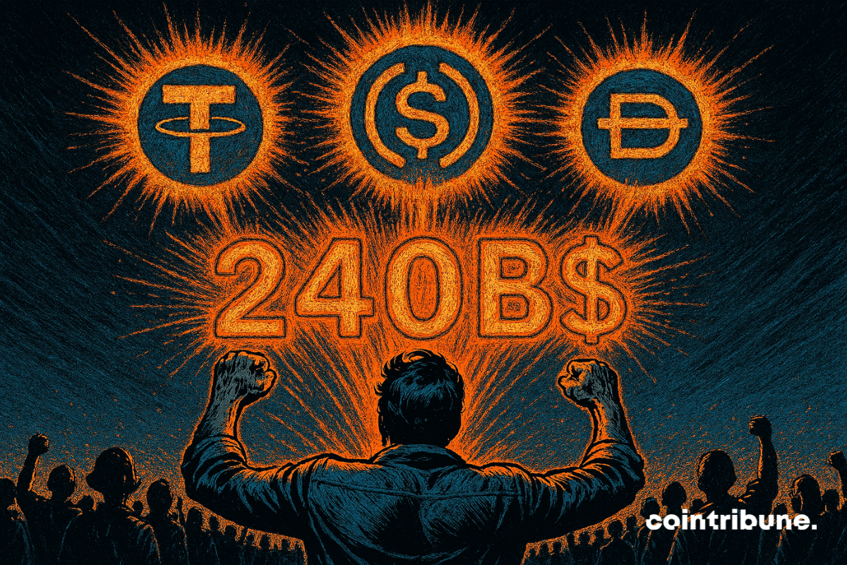 Un homme célèbre une explosion céleste de stablecoins, illuminée par "240B", sous les regards émerveillés d'une foule nocturne.