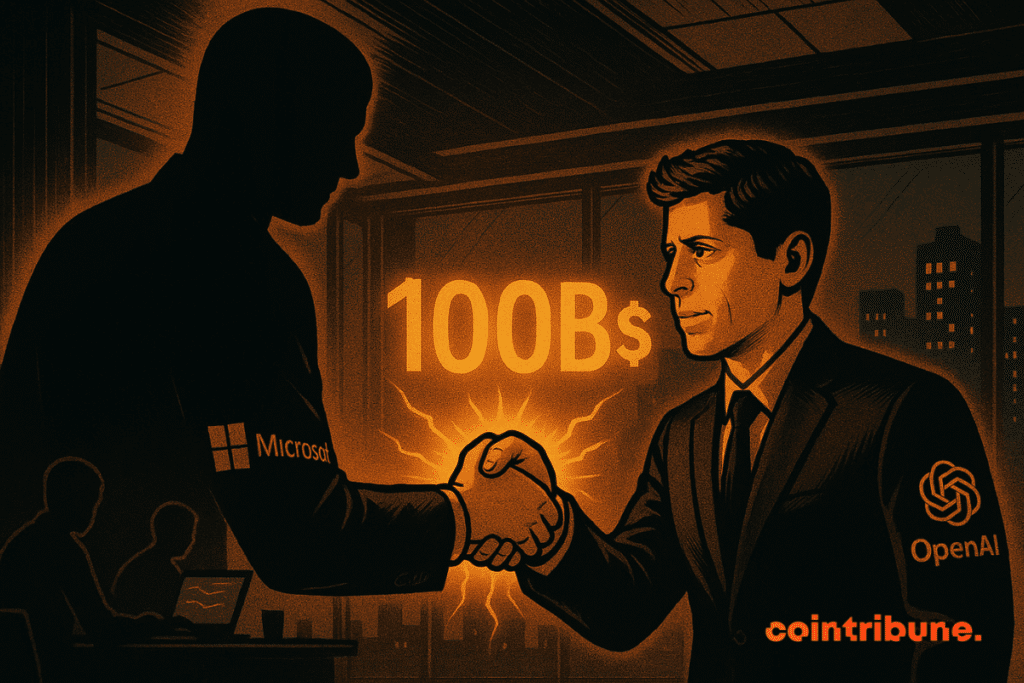 Sam Altman serre la main d’un homme représentant Microsoft, entourés d’une lumière orange intense avec "100B$" brillant en arrière-plan.