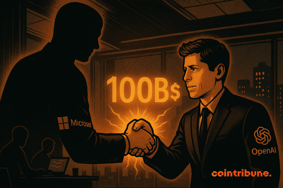 Sam Altman serre la main d’un homme représentant Microsoft, entourés d’une lumière orange intense avec "100B$" brillant en arrière-plan.