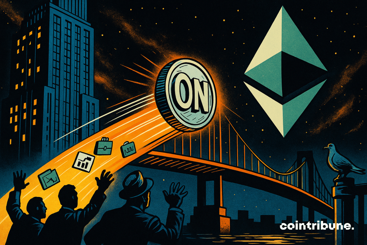 An Ondo coin speeds toward the Ethereum logo. Its trajectory is marked by dynamic motion lines.