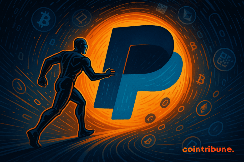 A futuristic character enters a portal shaped like the PayPal logo, surrounded by crypto symbols floating in a vortex.