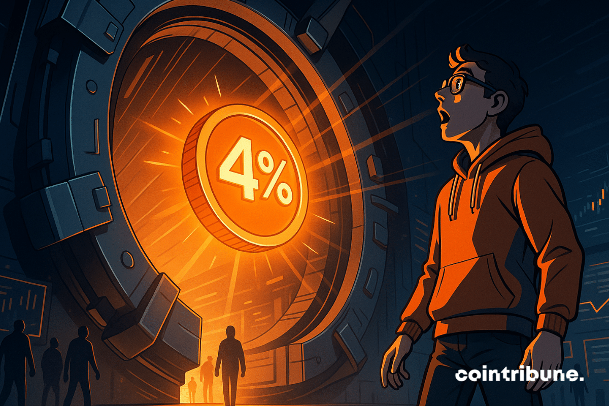 A man in awe as a futuristic vault opens, revealing a glowing "4%" Polymarket token.