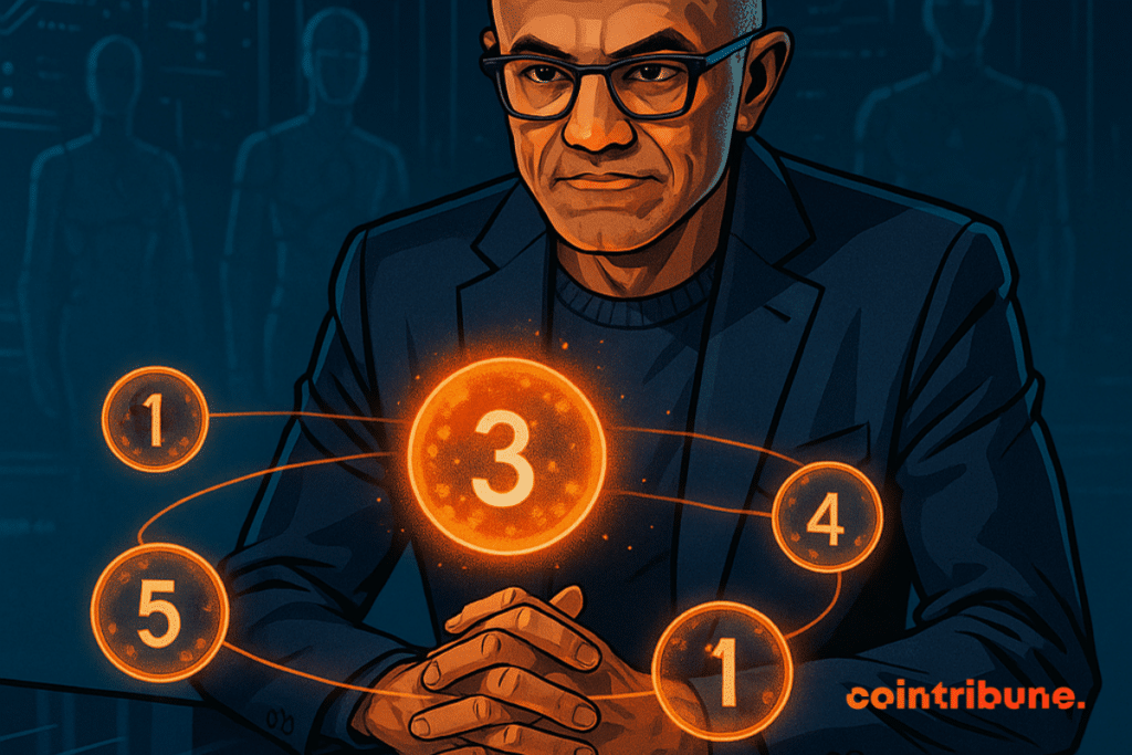 Illustration de Satya Nadella devant cinq sphères holographiques orange numérotées, dans un bureau futuriste à l’ambiance technologique bleutée.