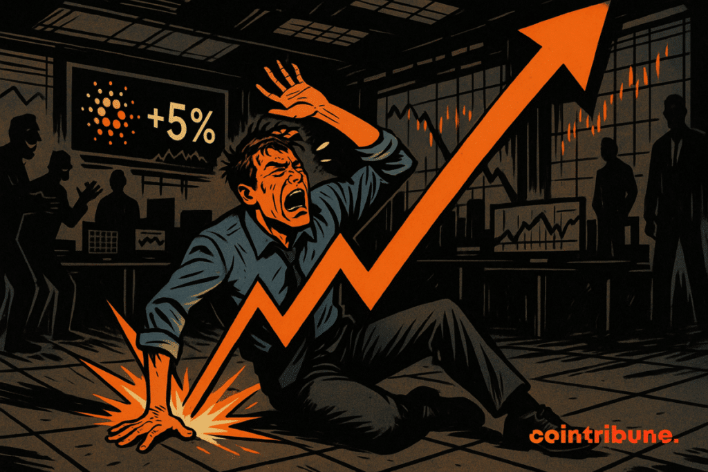 A trader kneels in panic, crushed by a rising orange arrow, symbolizing an unexpected bull market.