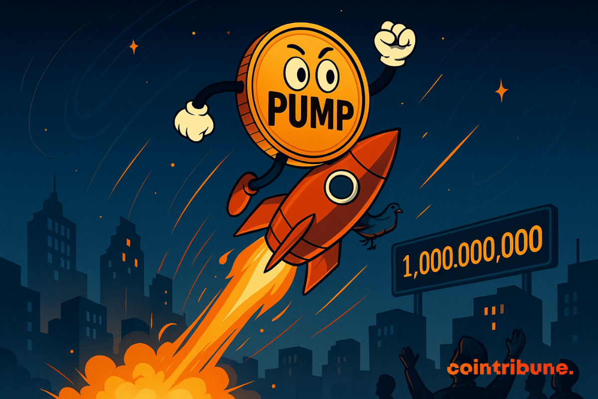 A lively PUMP coin takes off on a flaming rocket, under the amazed gaze of a nighttime crowd.