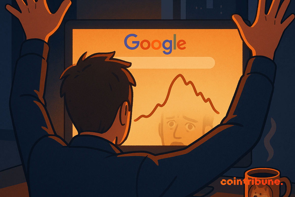 Un hombre mira fijamente una pantalla brillante que muestra un gráfico tibio, que refleja esperanzas frustradas en el mercado de memecoin.