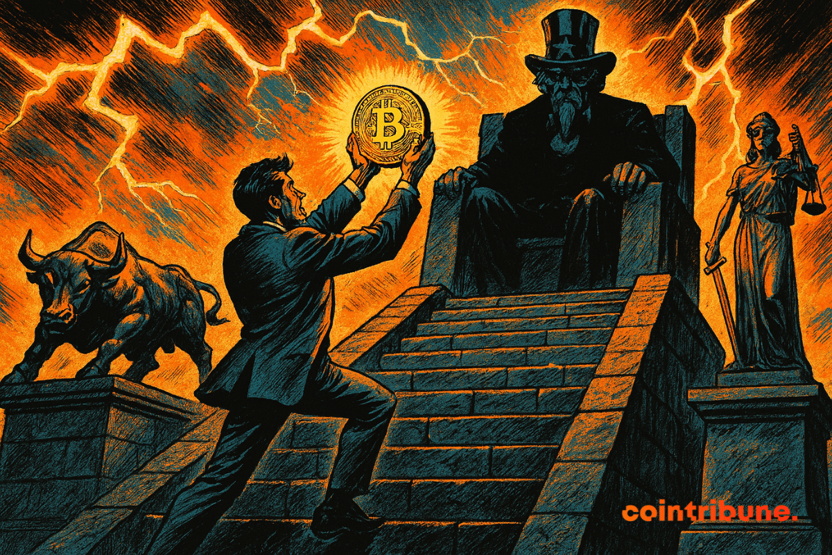 Um homem sobe degraus monumentais, brandindo um Bitcoin brilhante em direção ao Tio Sam, sob um céu tempestuoso e estátuas imponentes.