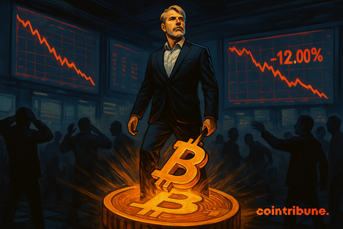 Un homme calme s’élève sur un Bitcoin lumineux, tandis que des traders paniqués assistent à un krach boursier.