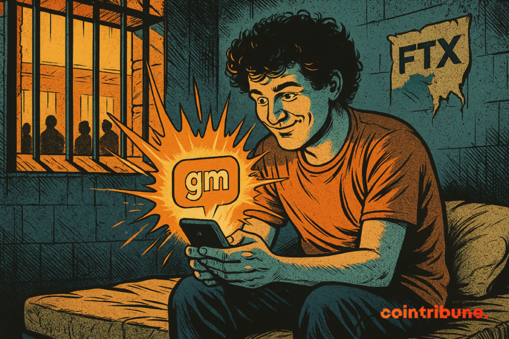 SBF sourit en cellule, assis sur un lit, envoyant un "gm" lumineux qui illumine la pièce lugubre.