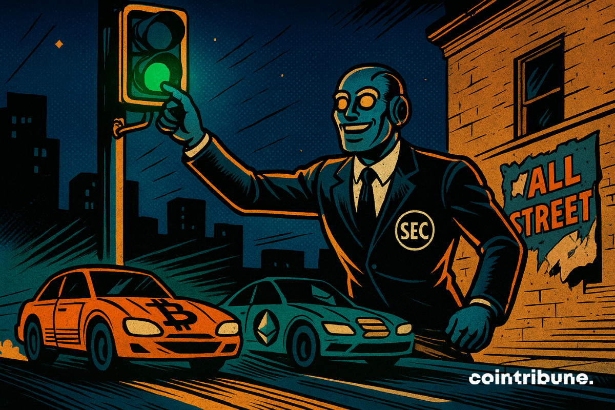 Un robot souriant en costume "SEC" active un feu vert, lançant des voitures crypto dans une rue nocturne américaine.