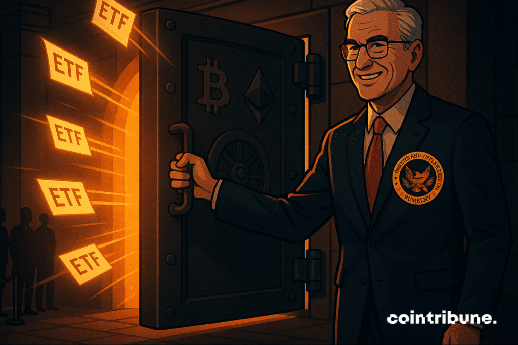 Un responsable de la SEC ouvre un coffre-fort lumineux libérant des ETF contenant des symboles crypto à l'intérieur.