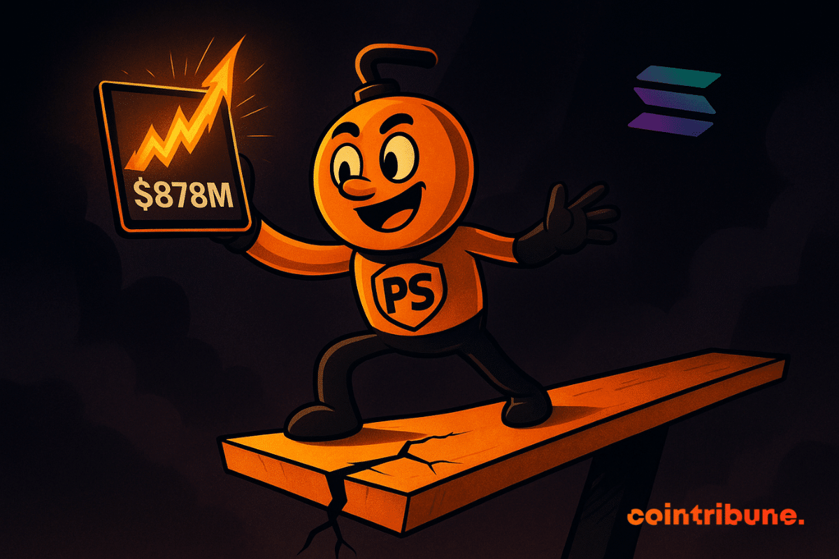 Mascote eufórico do PumpSwap em um quadro rachado, segurando um tablet “8M”, logotipo da Solana em um fundo ameaçador.