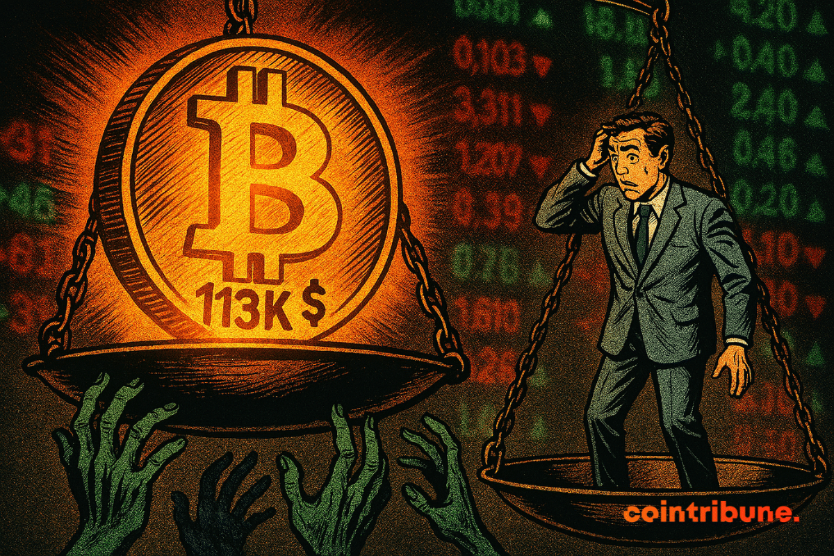 Un Bitcoin gigante brilla en una balanza, frente a un hombre perplejo. Unas manos fantasmales lo alcanzan.