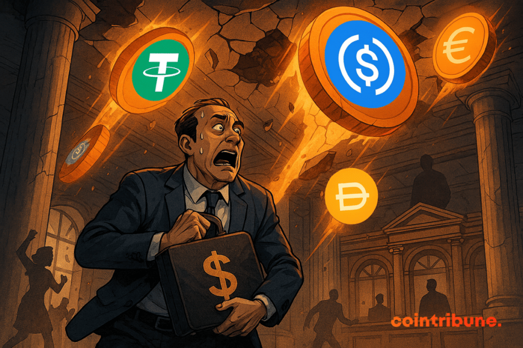 Un banquier paniqué fuit une pluie de stablecoins géants qui défoncent le plafond d’une banque classique en ruine.