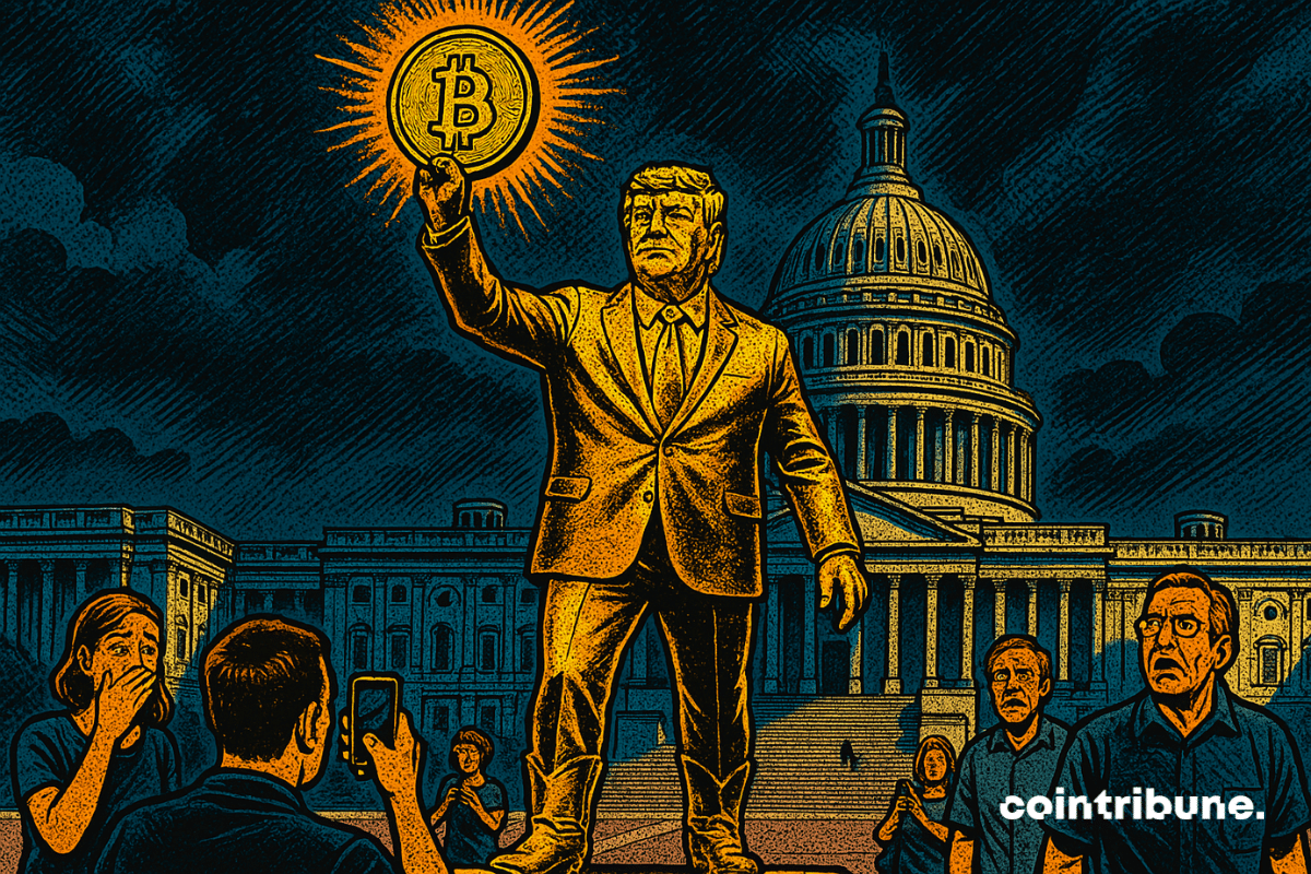 Statue dorée de Trump brandissant un Bitcoin devant le Capitole, foule choquée, ciel sombre, ambiance dramatique et provocante.