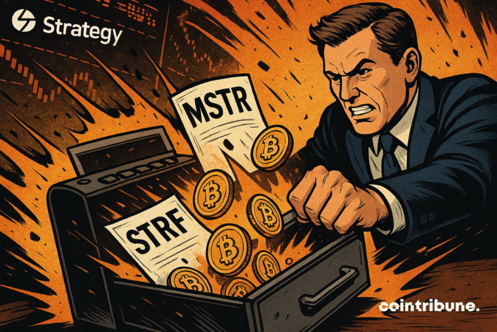 Un hombre vestido con traje fuerza una caja registradora, liberando bitcoins y títulos MSTR y STRF en una explosión.