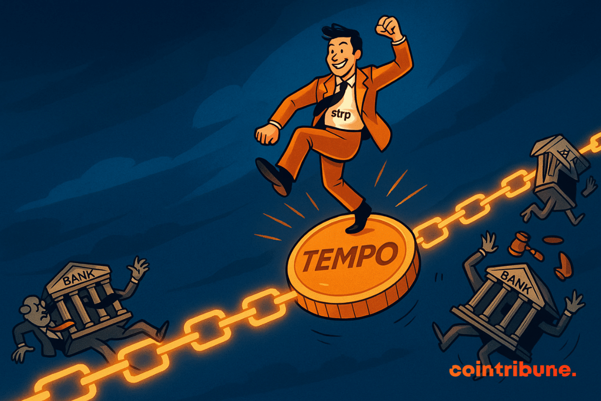 Un homme triomphant danse sur une pièce "Tempo", tandis que des banques personnifiées chutent d’une chaîne blockchain lumineuse.
