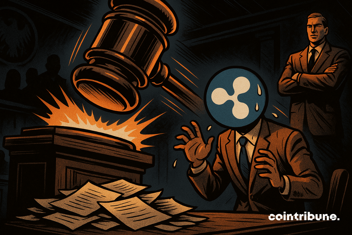 Ripple logo-headed figure sweats under giant gavel in courtroom, watched by stern man.