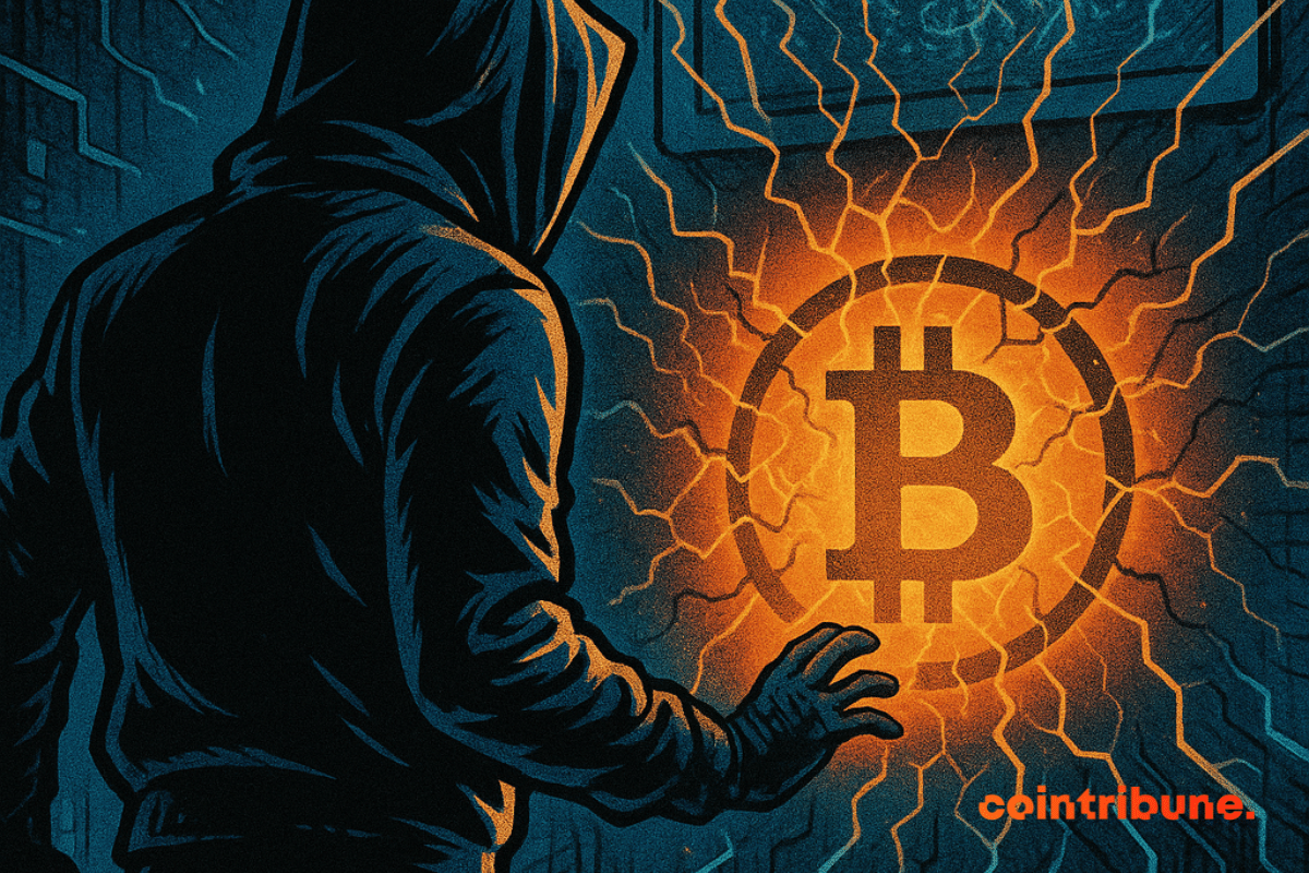 Silhouette encapuchonnée touchant un symbole Bitcoin lumineux, entourée de code fractal bleu dans un décor technologique sombre.