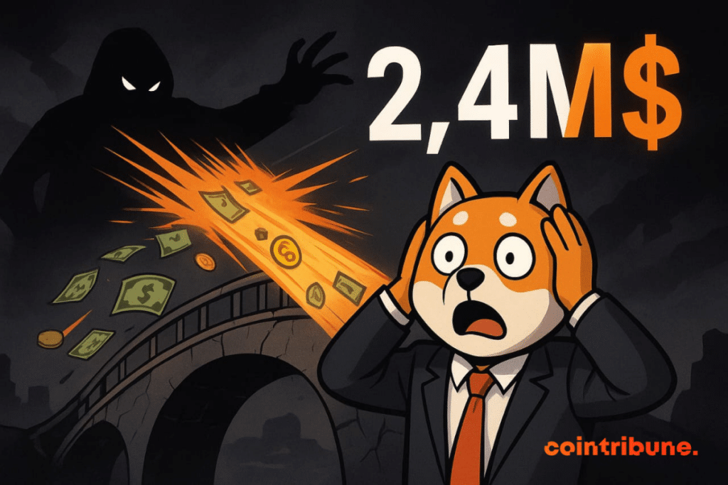 Shiba Inu sorprendido en un puente agrietado, dinero absorbido por una silueta oscura, cifra 2,4M$ luminosa.