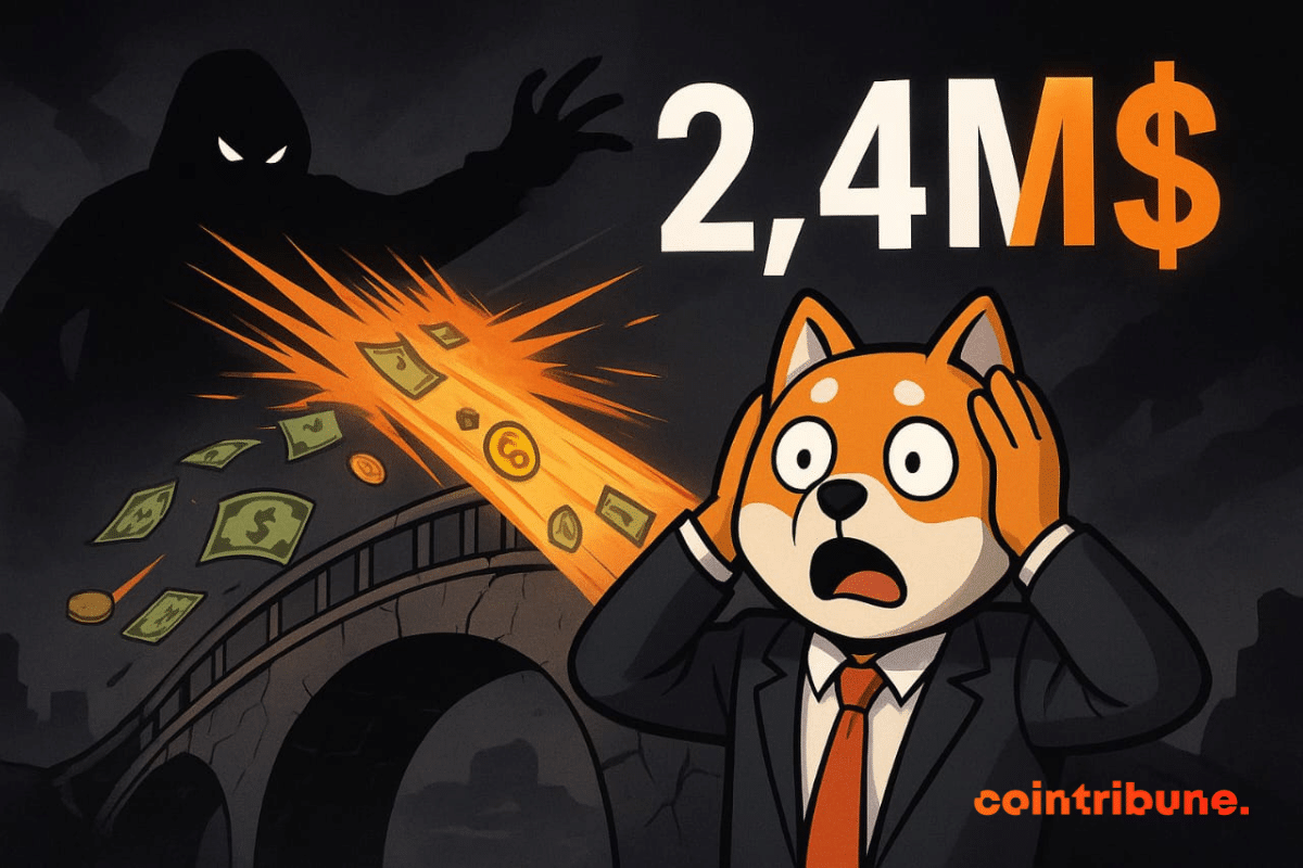 Shiba Inu choqué sur un pont fissuré, argent aspiré par une silhouette sombre, chiffre 2,4M$ lumineux.