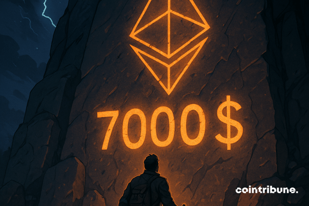 Un aventurero descubre un grabado brillante de Ethereum marcado ",000" en un acantilado místico y siniestro.